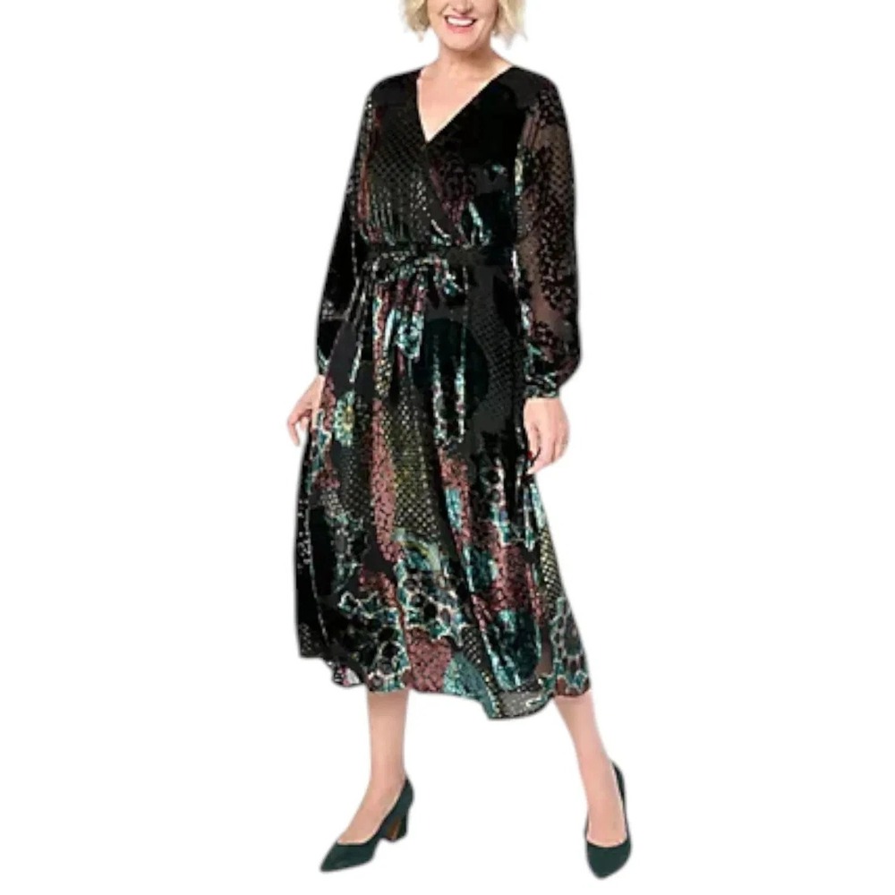 Destination 365 Women's Burnout Velvet Long Slv Maxi Dress Multi size 1X NWOT